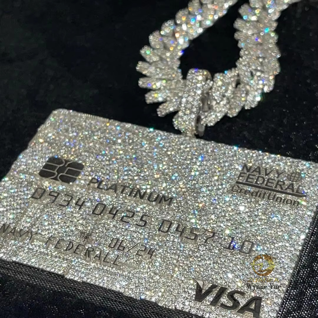 Custom Visa Card White Gold Plated Solid 925 Sterling Silver VVS Moissanite Credit Card Pendant