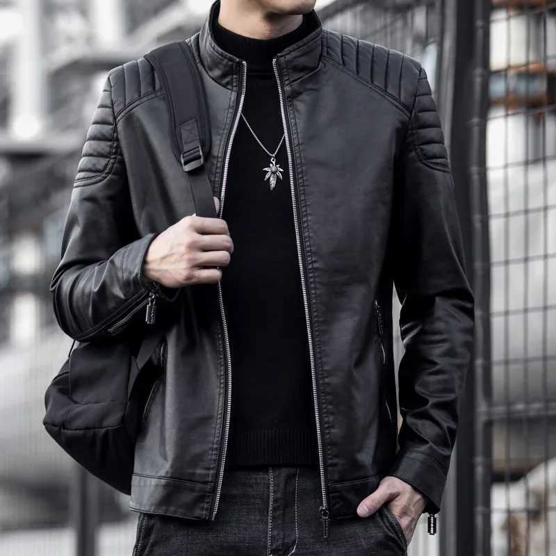 Men Winter Leahter Jacket Male Stand Collar Casual Windbreaker Trendy Mens Clothing Black Blue Coat Motorcycle PU Leather JacketT250311