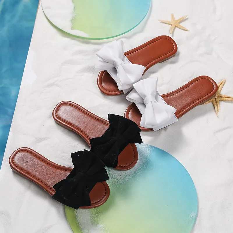 Summer Girls Slippers Flat Bowtie Sweet White Beige Children Sliders Light Slip-on Fashion Leisure Vacation Kids Sandals 26-36T250311