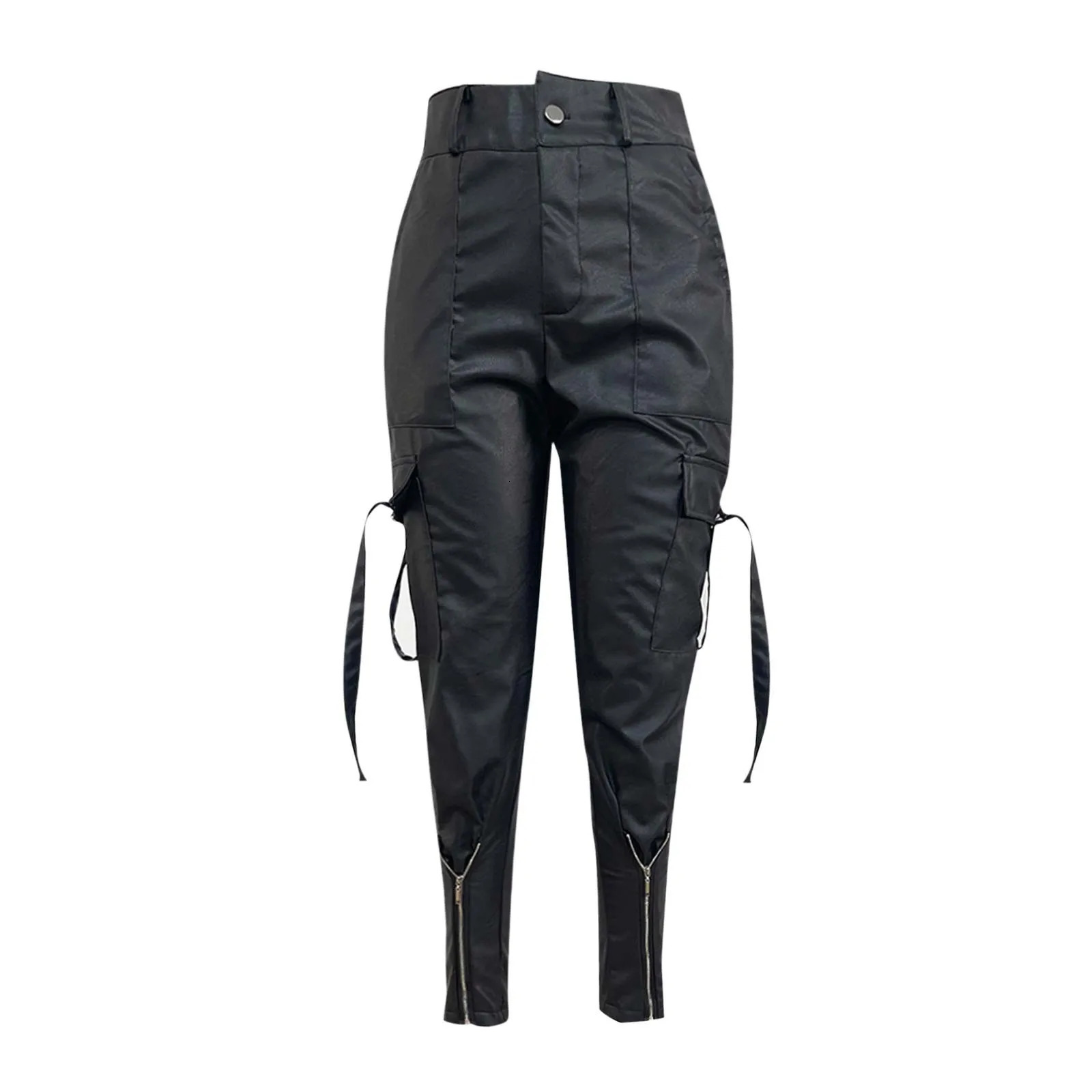 AutumnWinter Punk Style Pu Leather Pants Small Leg Elastic Waist Pants Lace Long Pocket Trouser Womens Leather Pants 250305
