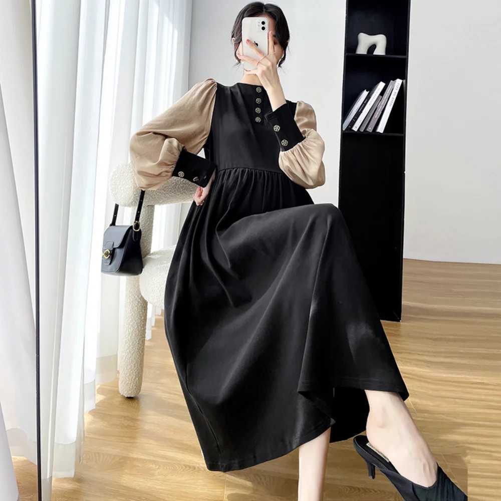 2023 Autumn maternity dress Elegant Fashion Button Dress pregnant women clothing Long Sleeve Patchwork Vestido de fotografiaT250311