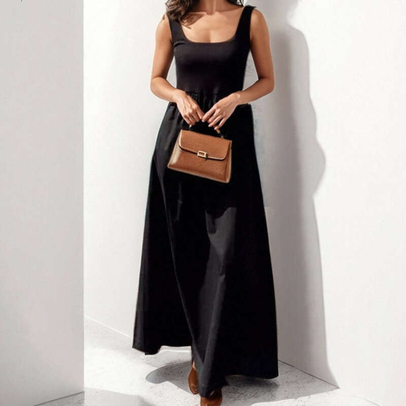 2025 Spring Women's Style Strap Top Pleated Solid Color U-Neck New Year Dress KLMY
