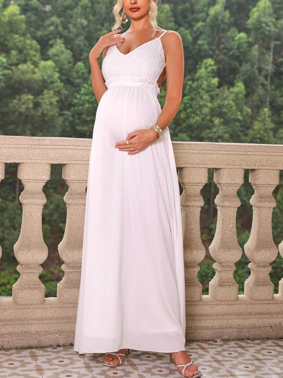 ItsRoya Embroidery Mesh Patchwork Maternity Dress Women V Neck Slim Elegant Photography Props Dress Evening Party Pregnant Gown X250224