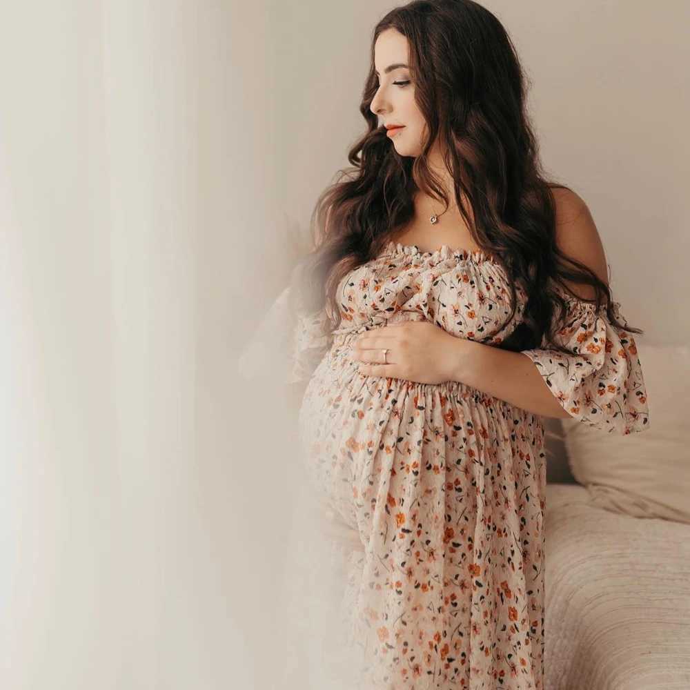 Photoshoot womens floral chiffon two-piece long sleeved and short sleeved baby shower top of the line maternity dress X250224