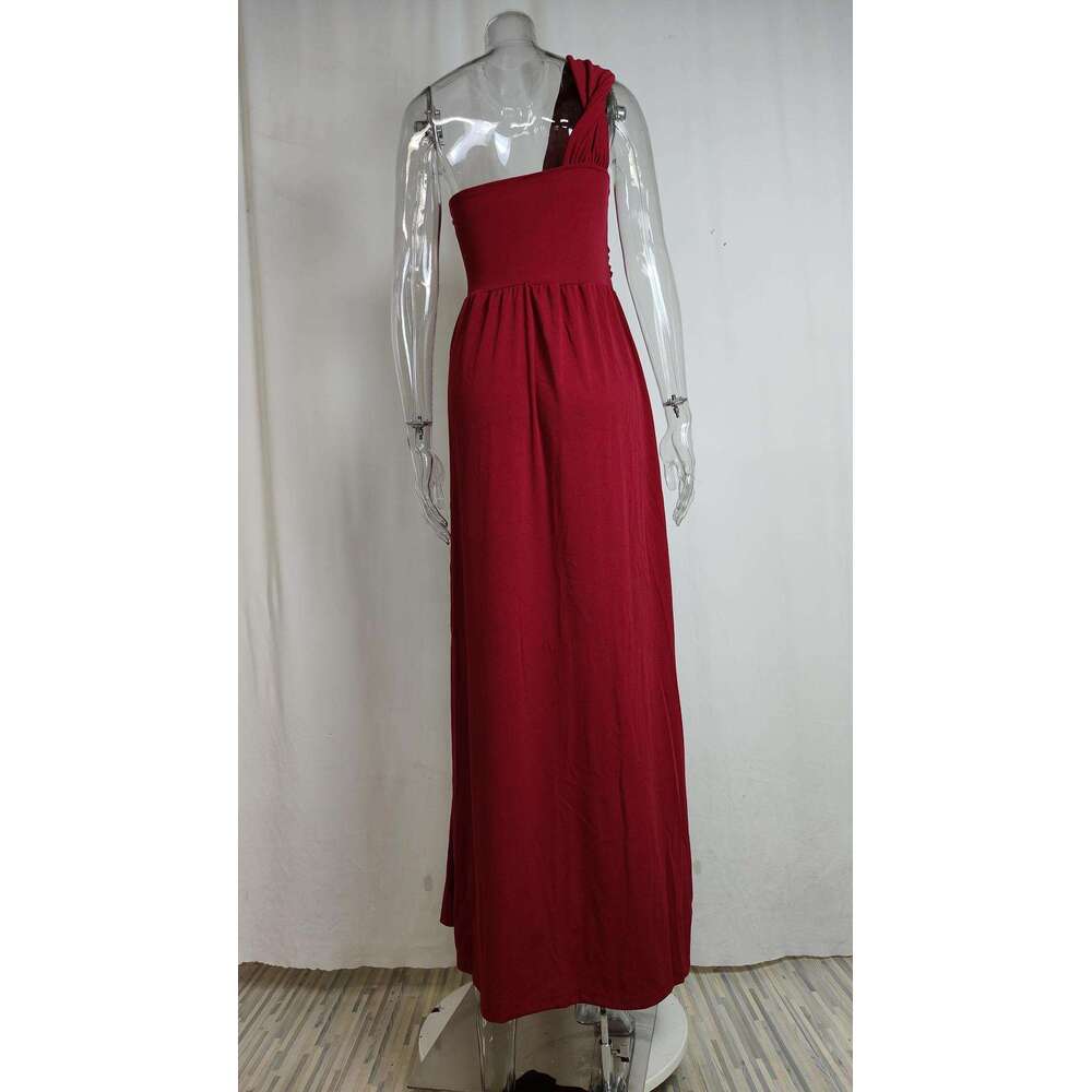 Women's Temperament, Solid Color, One Shoulder, Sexy, Cinched Split Waist, Floor Length Dress KLMY