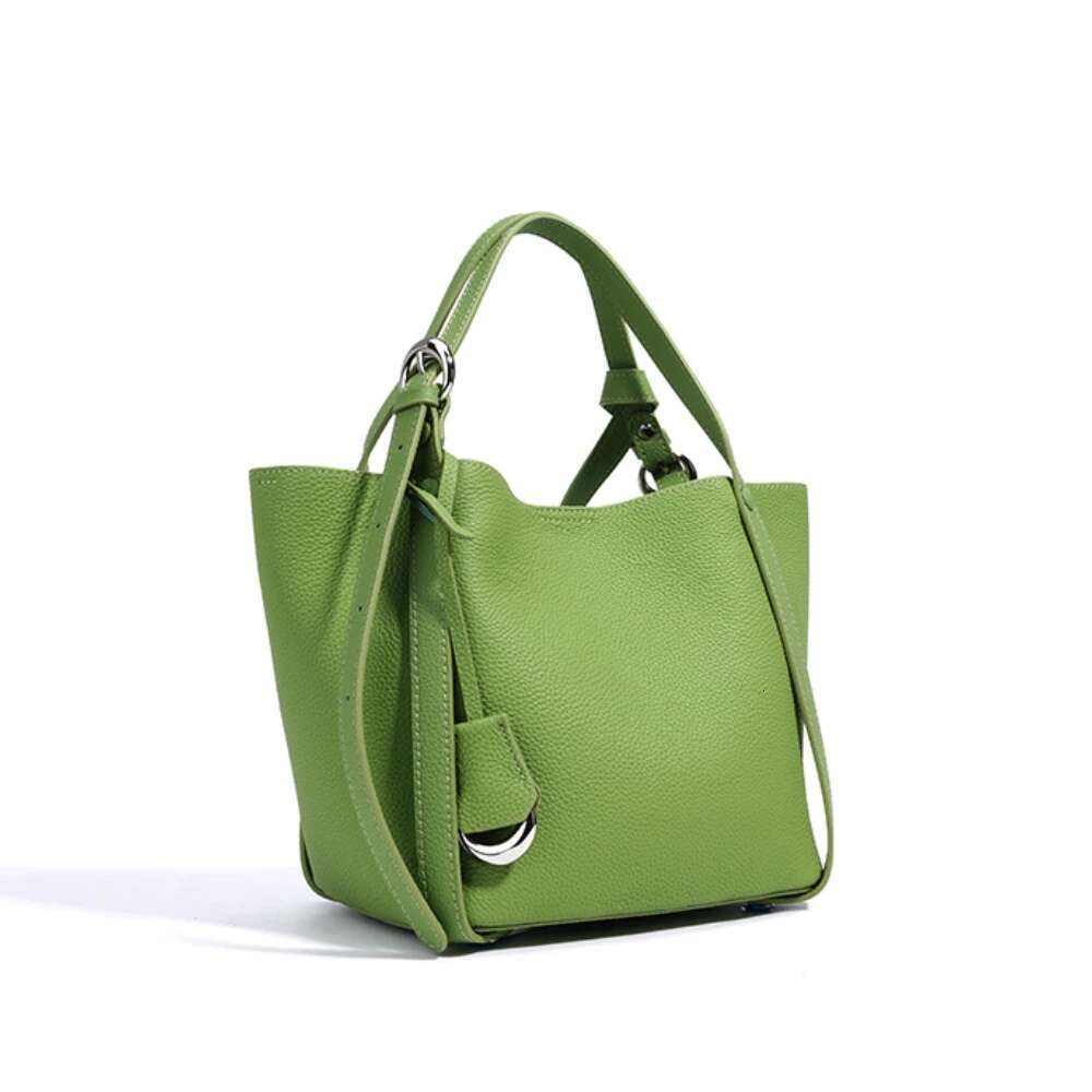 New 2025 Spring Summer Avocado Green Color Basket Shopper Tote Fashion Real Cow Leather Women Shoulder Bag Lazy Style Handbag