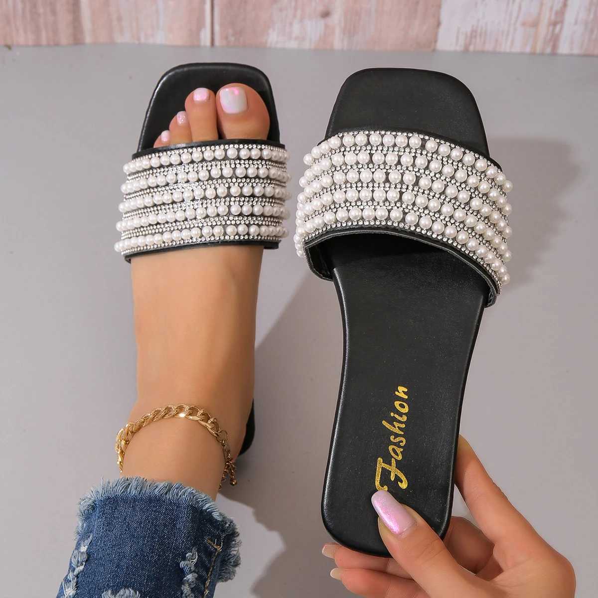 Womens fixed flat sandals with artificial pearls and Rhine decorative slidersXJ250407