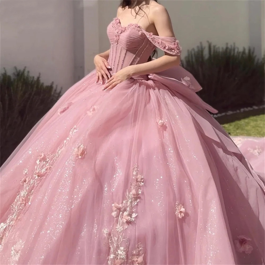 Romantic Sweetheart Pink Shiny Quinceanera Dress Party Gown Princess Lace Appliques Beads Crystal Off The Shoulder For 16 Year