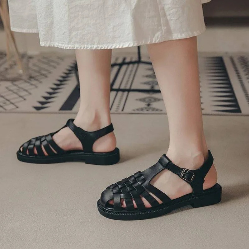 shoes Closed Toe Sandals Black Shoes For Women Summer Womens Heels Breathable Beige Low Retro Ladies Flat Gladiator 250305