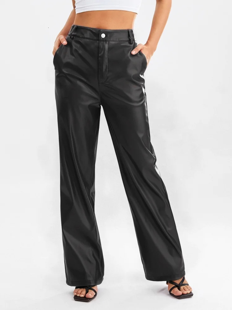 Womens PU Leather Long Pants Solid Color High Waist Wide Leg Straight Pants Summer Autumn Vintage Elegant Loose Trousers Fashion 250305