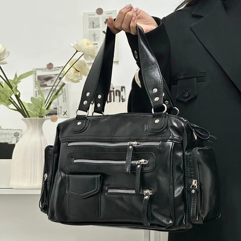Retro Tote Bag PU Soft Motorcycle Bags Travel Zipper Pocket Fashion Crossbody Pack Outdoor Camping Hiking Weekend Satchel Women 250311