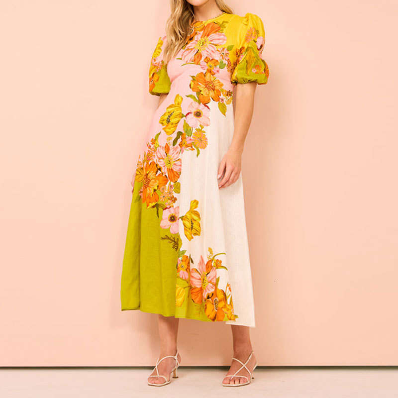 2025 Summer New Women's Clothing Ethnic Style Printed Fashionable Bubble Sleeves Slim Fit Large Swing Dress KLMY