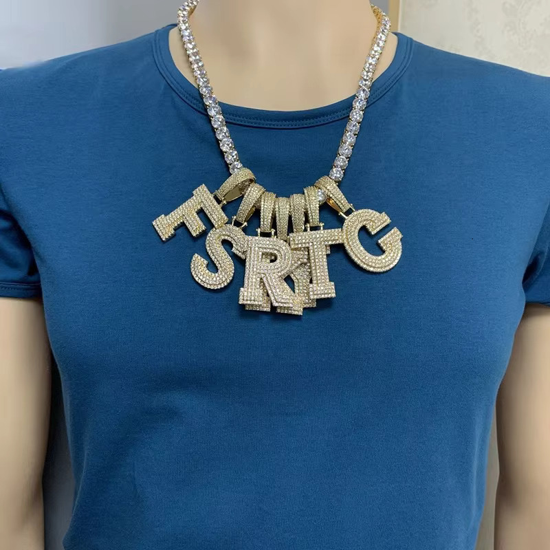Ready to Ship Solid Gold Plated Micro Pave Cz Hip Hop Iced Out Alphabet Letter Charm Necklace