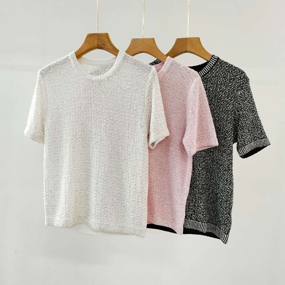 New Summer 2024 Nanyou High End Silk Sparkling Small Fragrant Knitted Shirt Women's Short Sleeve Hoodie Top