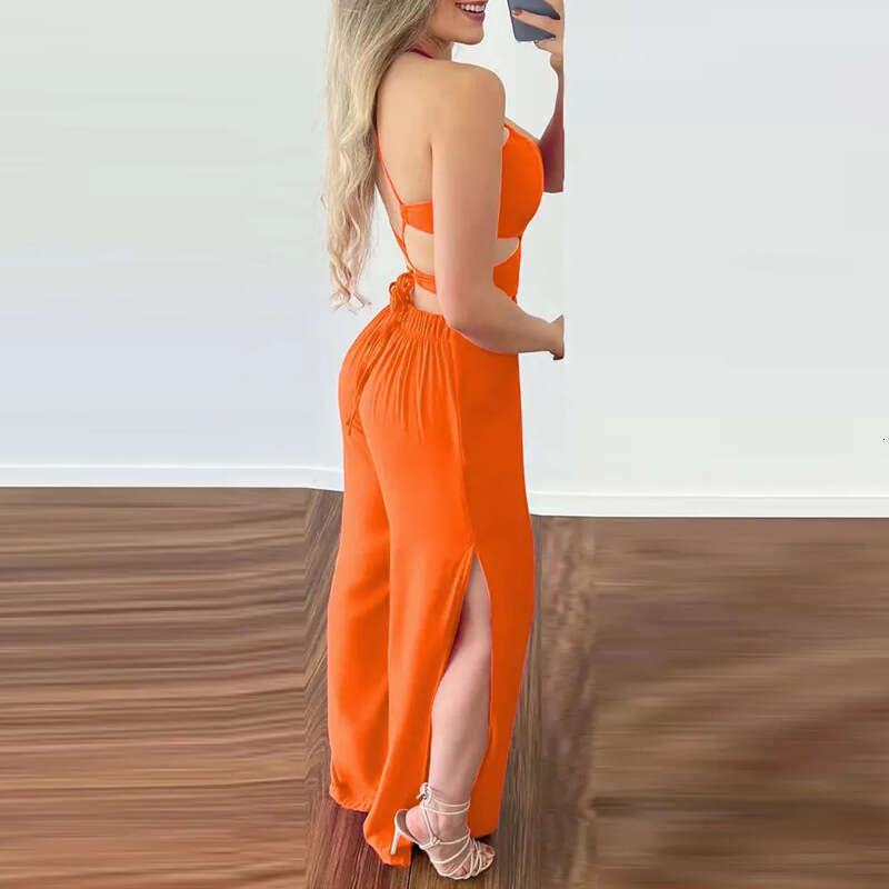 Ladies' Temperament Sexy Hanging Neck Hollowed Out Slim Fit Backless Split Jumpsuit 661 KLMY