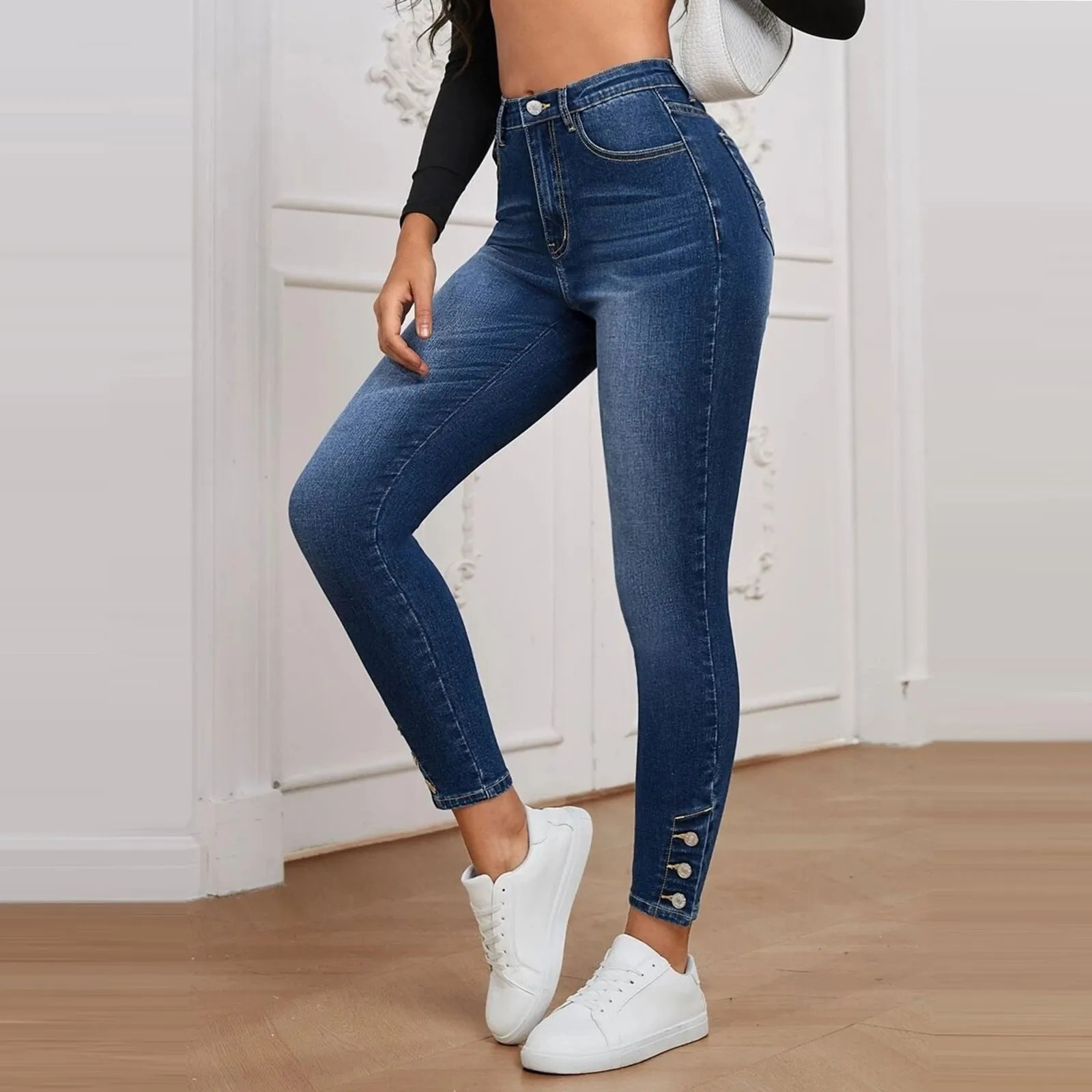 Womens Fashion Trend High Spike Buckle Tight Denim Pants Pantalones De Mujer Pantalona Feminina womens pants 250311