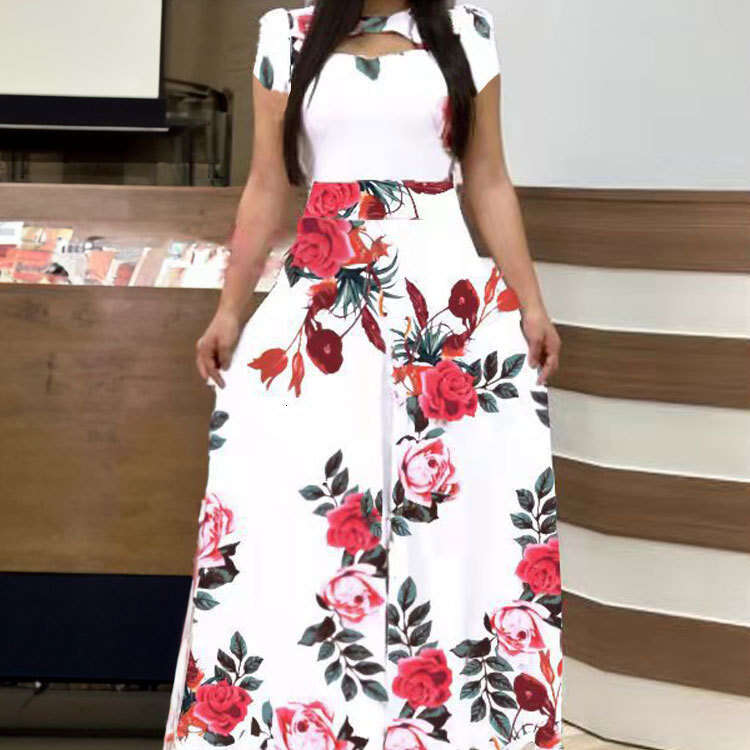 2025 Spring Women's Elegant And Fashionable Printed Round Neck Short Sleeve Grand Swing Dress 661 KLMY