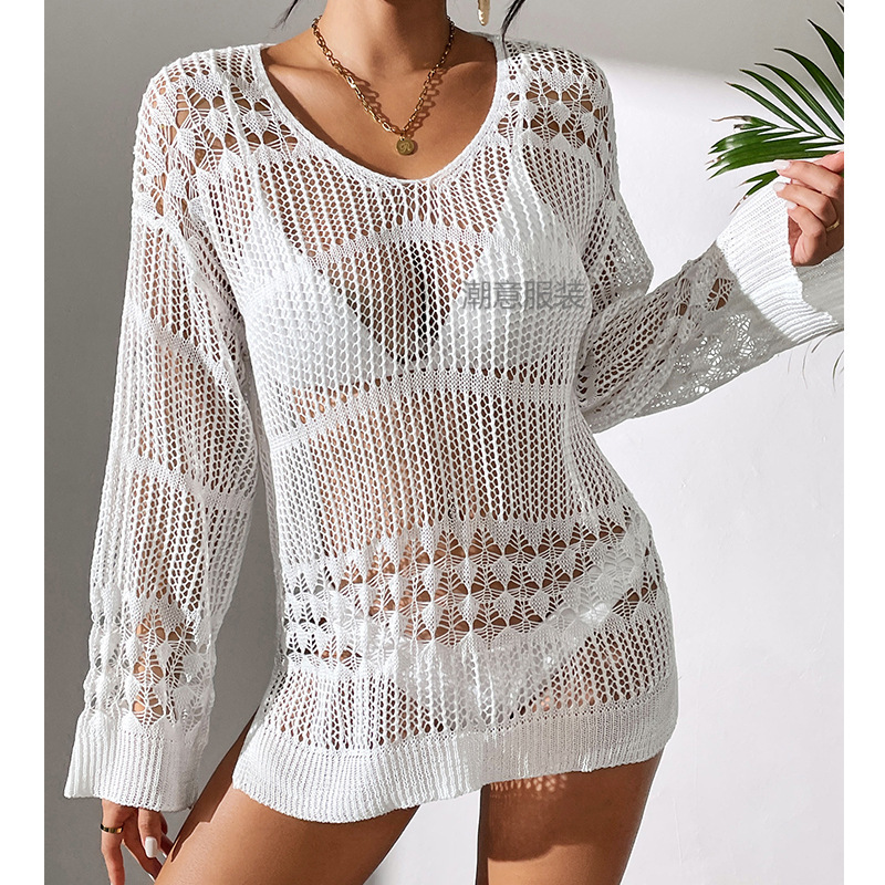 New Vacation Sexy Hollow Texture Loose Fitting Pullover Fashionable Sun Protection Shirt, Mid To Long Beach Cover