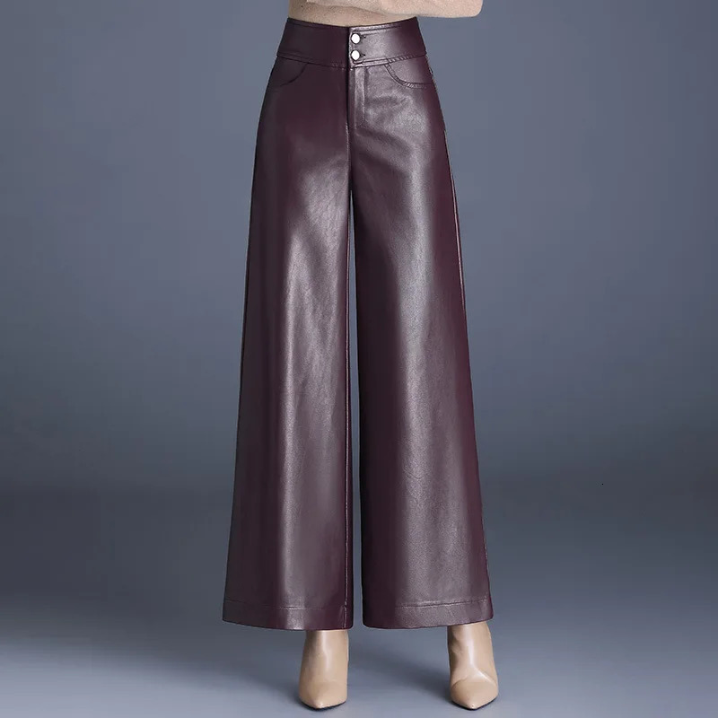 Autumn and Winter Solid Color High Waist Wide Leg Pants Casual Loose Straight Pants Slimfit Warm Pu Leather Pant Women 250305