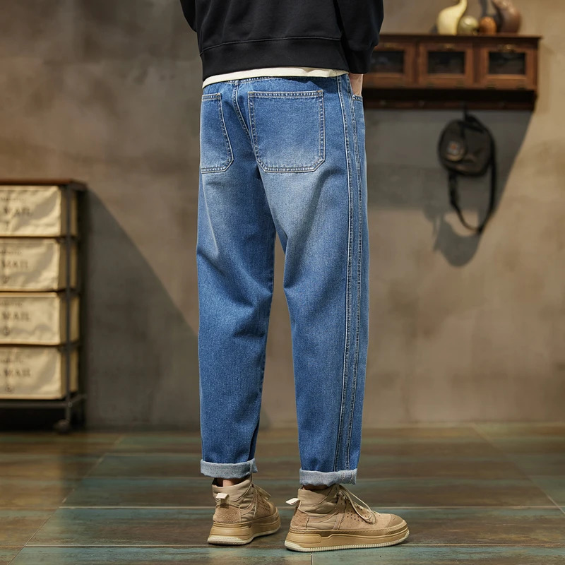 Baggy Pants Loose Fit Retro Blue Harem Vintage Clothes Jeans Men Wide Leg Fashion Pockets 250311