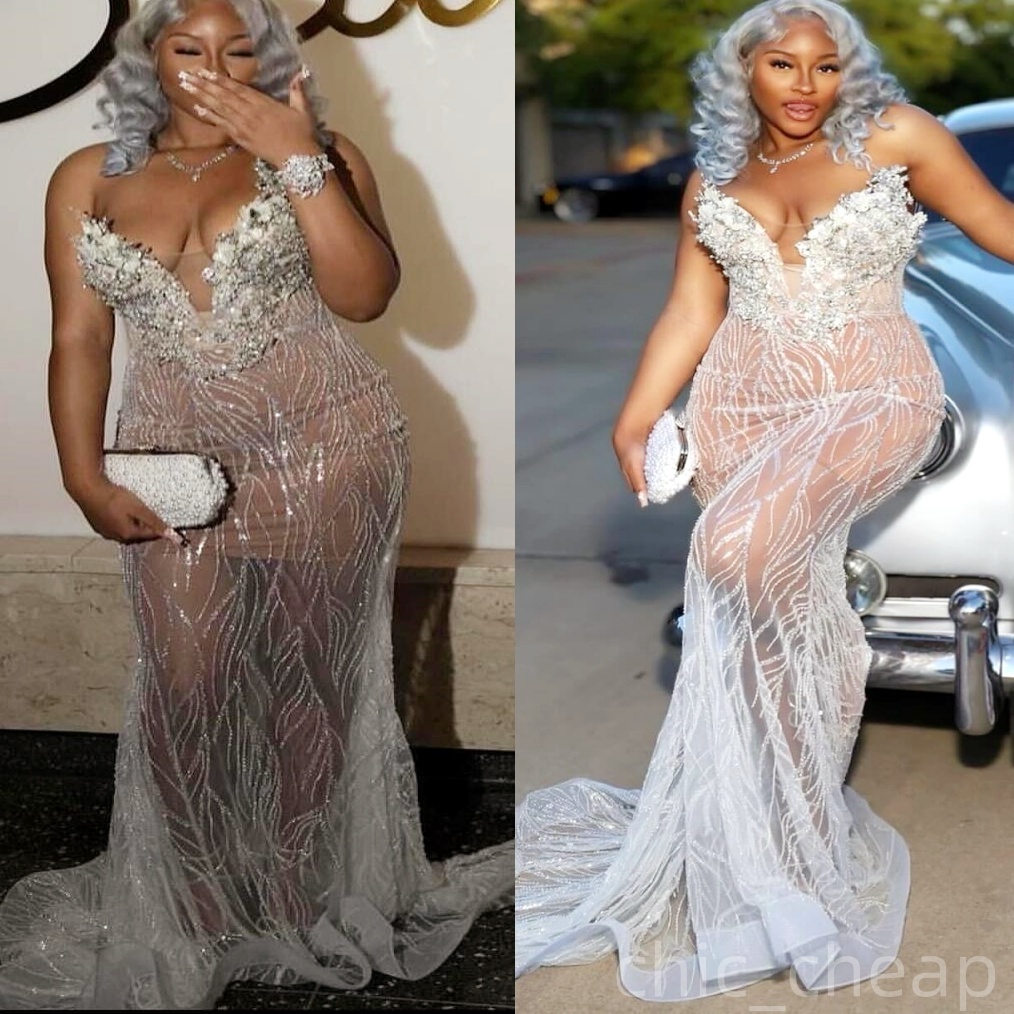 Ivory Mermaid Prom Dresses 2025 Florals Crystals Sequined Illusion Evening Formal Party Second Birthday Engagement Gowns Plus Size Dress For Special O