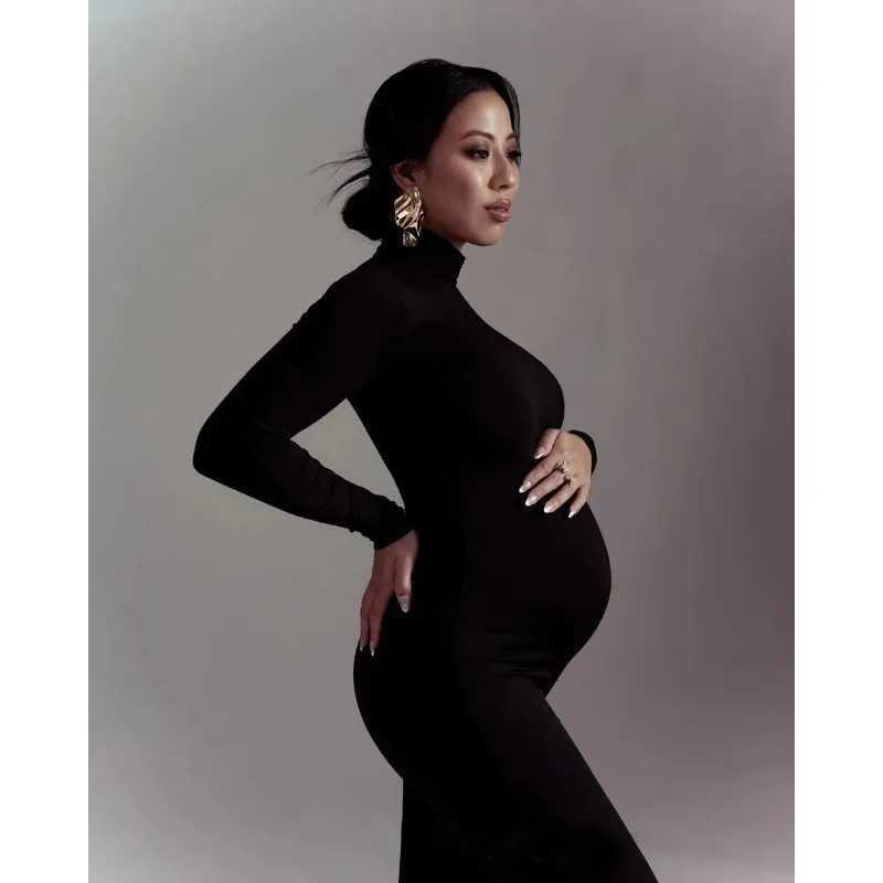 Maternity Long Sleeve Dresses For Photo Shoot Pleated Blouson Midi Dress Women Party Pregnant Baby Shower ClothesT250311