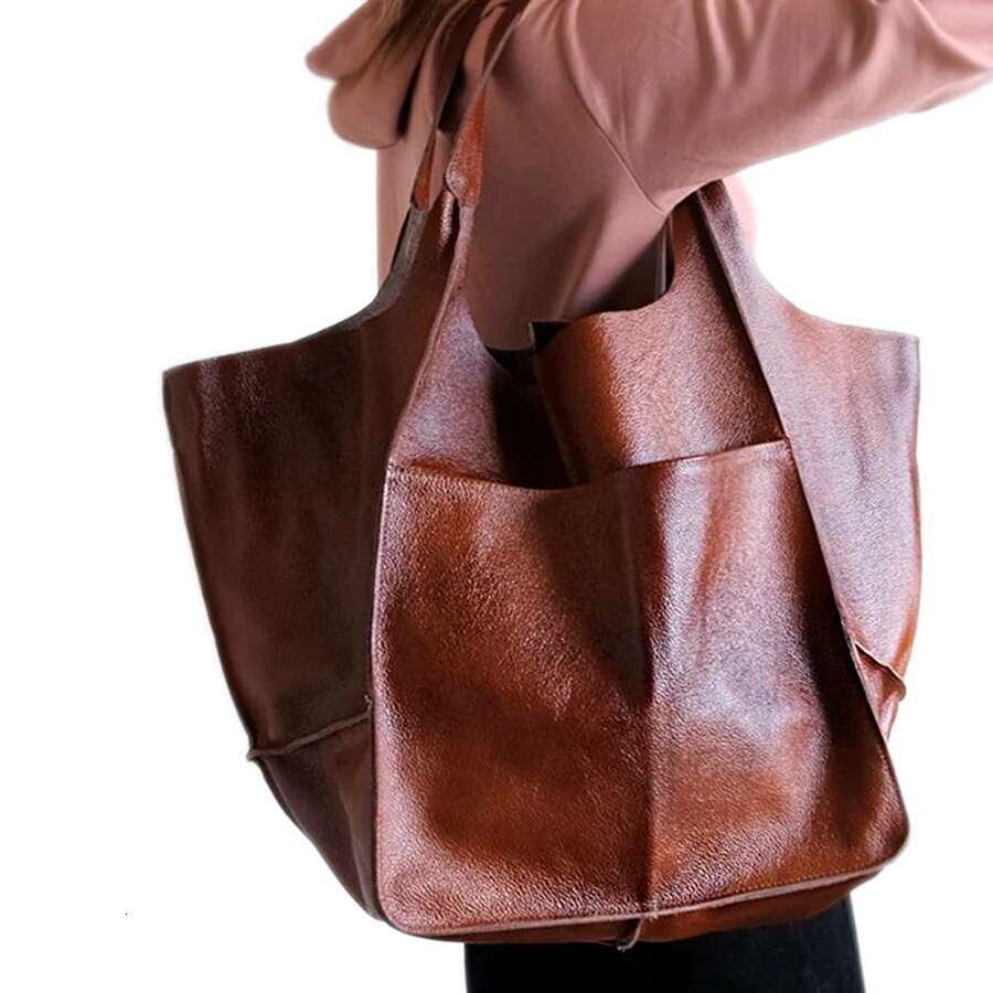 Designer Aged Metal Look Pu Leather Shoulder Bags Casual Soft Large Capacity Tote Women Handbags Retro Big Shopper Purses