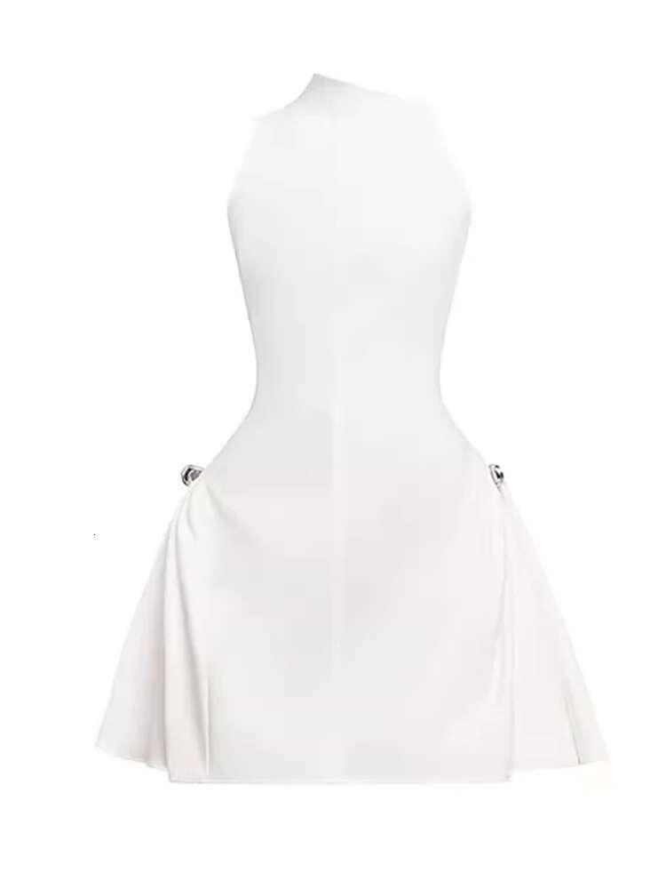 DEAT Fashion Women's Dress Metal Button Skew Collar Sleeveless Solid Color High Waist Elegant Mini Female Dresses 2024 New 395