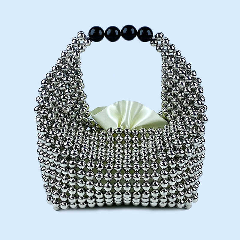 Same Style Premium Texture Pure Handmade Silver Beaded Pillow Bag Banquet Bag Fashion Versatile 250315