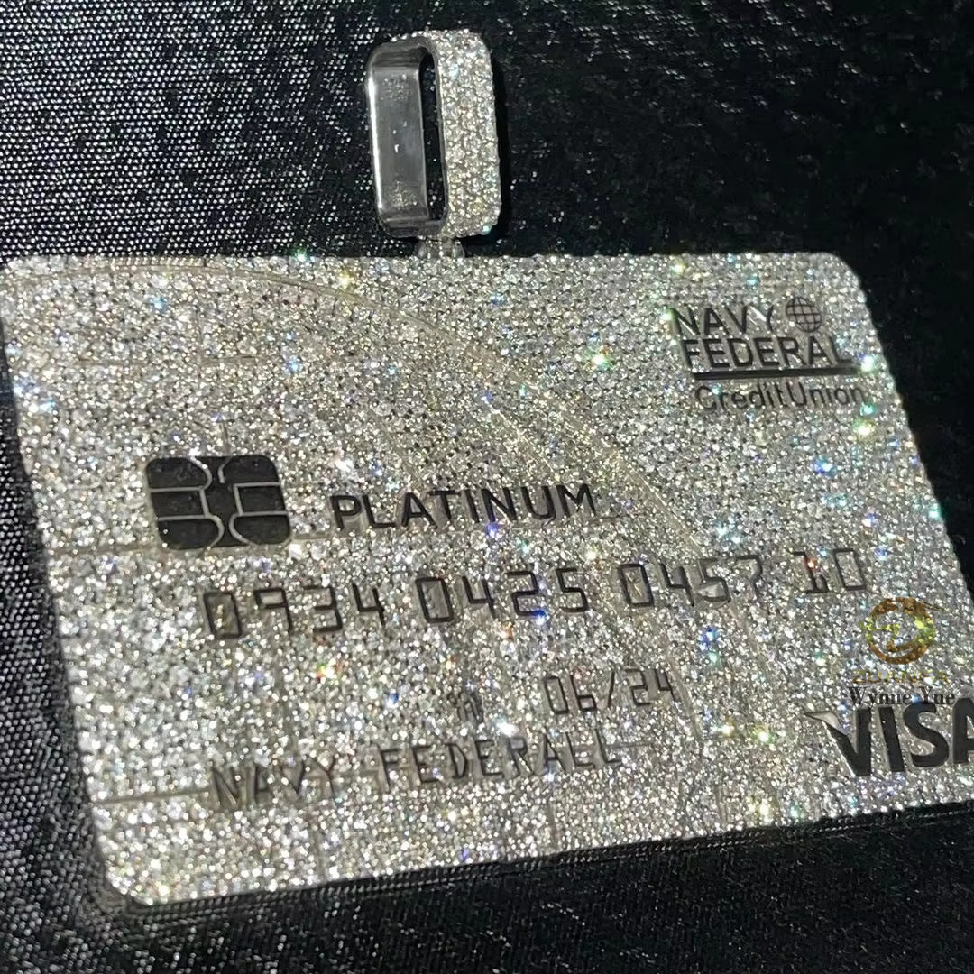 Custom Visa Card White Gold Plated Solid 925 Sterling Silver VVS Moissanite Credit Card Pendant