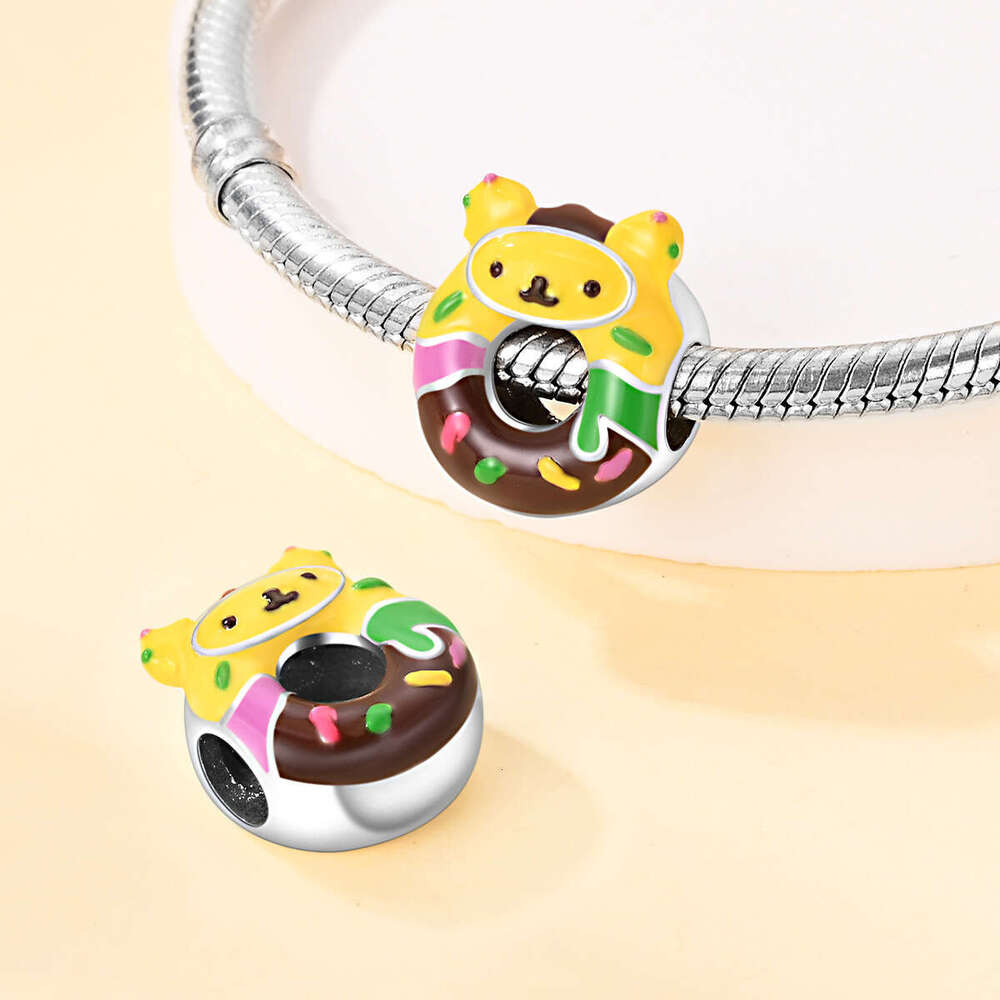 925 Sterling Silver Cartoon Linked Doughnut Series Charms with Enamel Pink Sweet beads DIY bracelet necklace beads new style for women jewelry gift