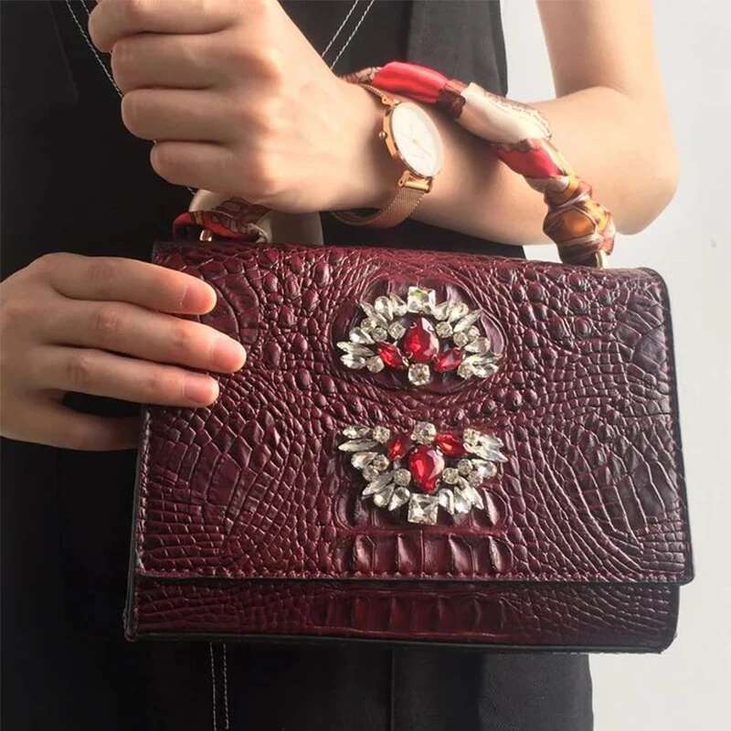 Elegant Women Crystal Tote Shoulder Handbag Hot Ins Clutch Purse Crocodile Bag