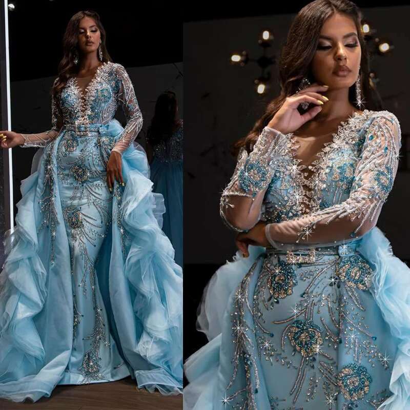 Beaded Vintage Applique, Full Sleeves, Crystal Evening Dresses, Detachable Sweat Train, The