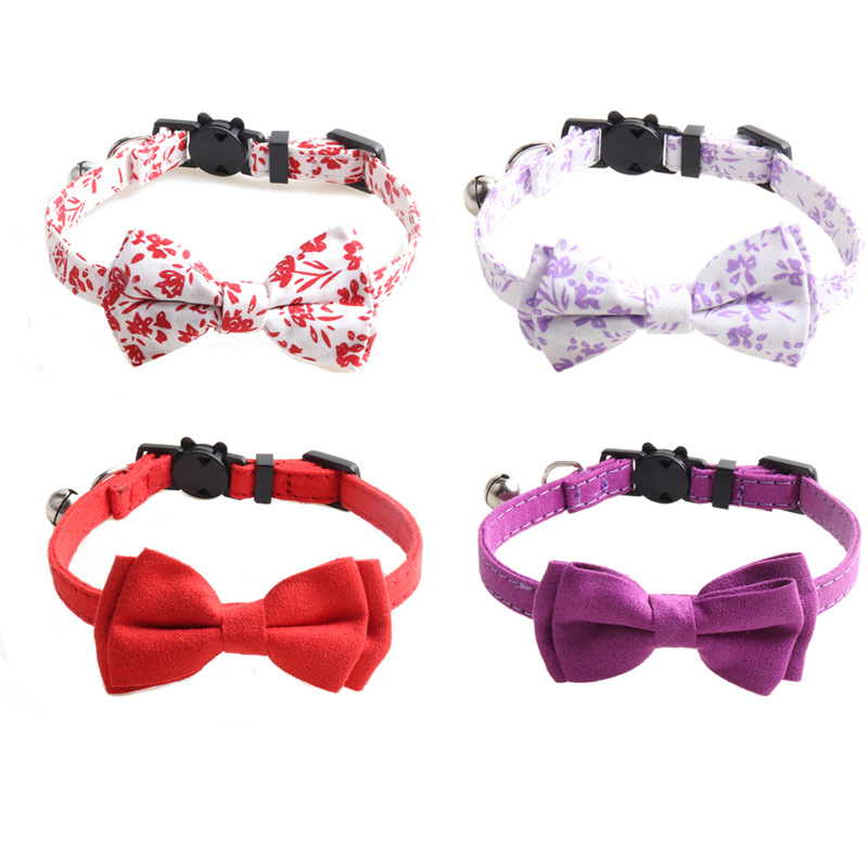 Cat Collar with Bow Tie Bell Breakaway Kitten Small Pet Safety Solid Color and Small Floral Combination Cat Collar Suede Soft Adjustable Tie for Weddi