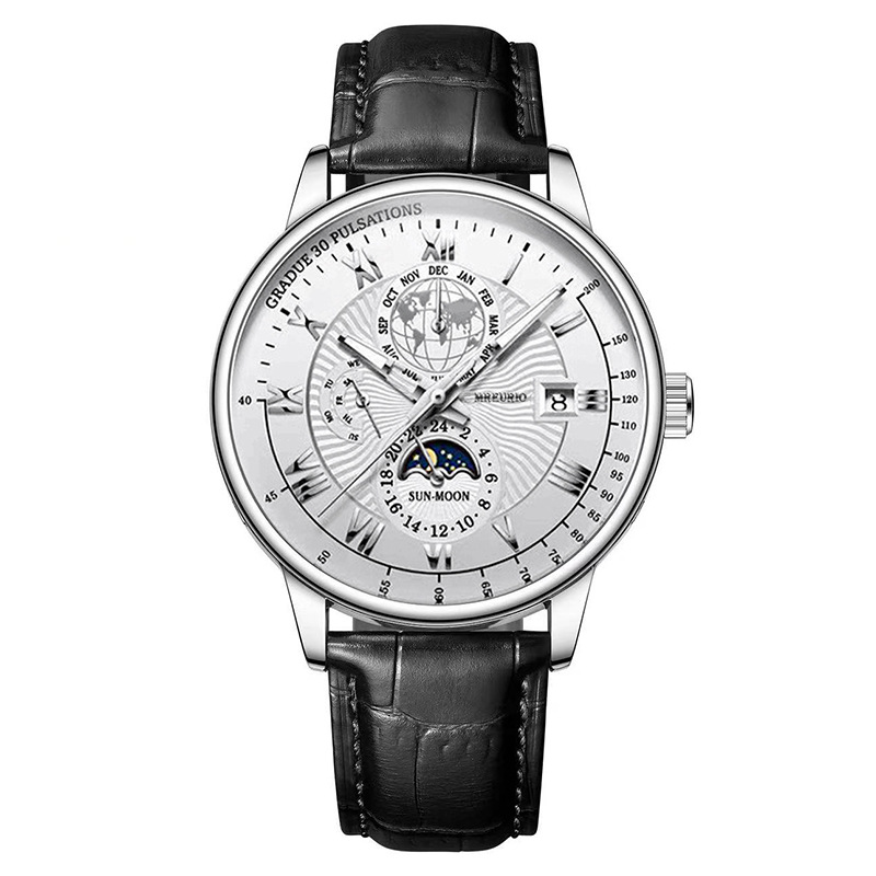 Stylish and Trendy Mens Watch with Three Eye Calendar Starry Sky Moon Design and Leather Belt Perfect for Fashionable Men