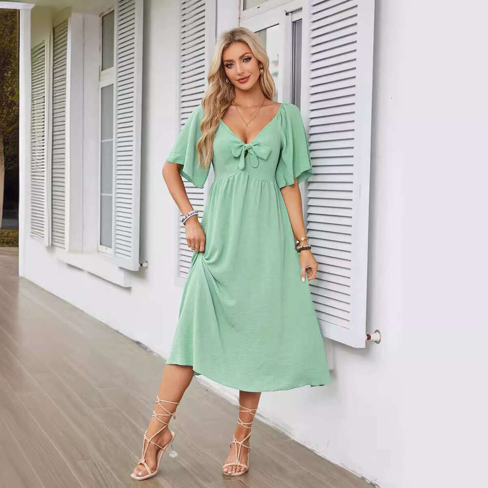 popular European American women's V-neck bow pleated medium long short sleeved dress 2025 new style chic and elegant clothing