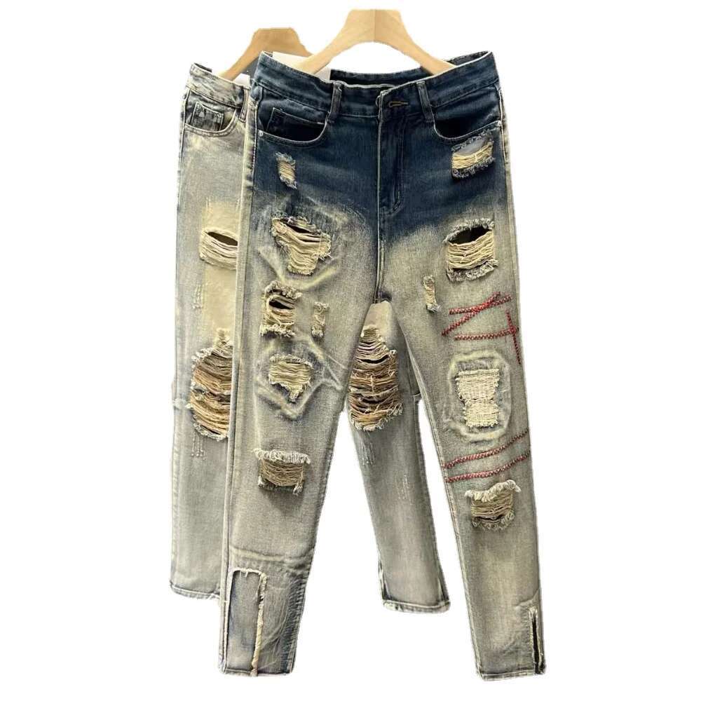 Broken Hole Slim Fit Hip hop Fashion Designer Streetwear Patchwork Jeans Elastic Gothic Pants Outdoor Casual Pants Men s Sports Pants