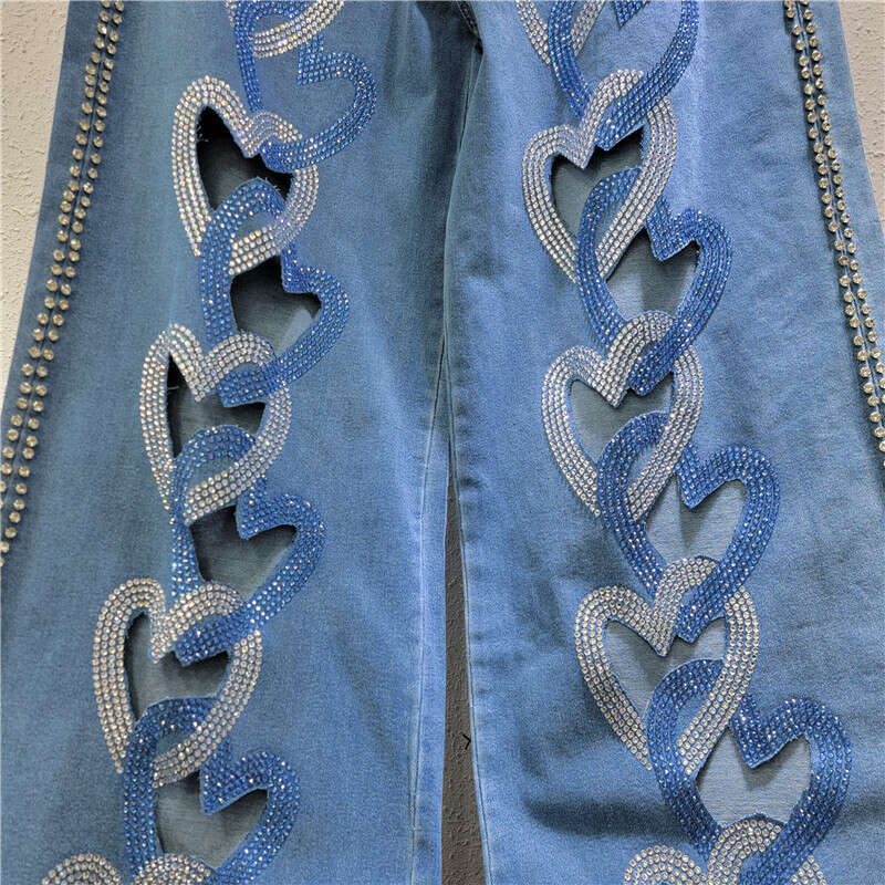 Style, Personality, High-End Feel, Heart-Shaped Splicing, Hollowed Out High Waist, Elastic Straight Tube, Slimming Jeans, Pants, Women's Pants