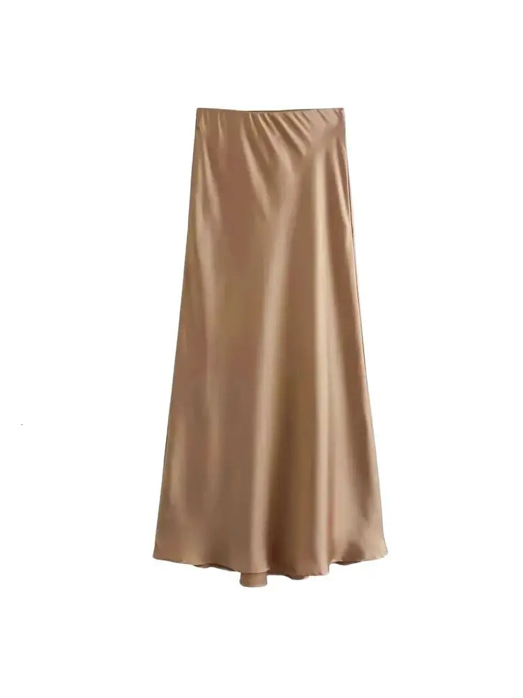 TRZAWomens Flowing Satin Midi Skirt High Waist With Elastic Waistband Female Skirts Chic Fashion 250311