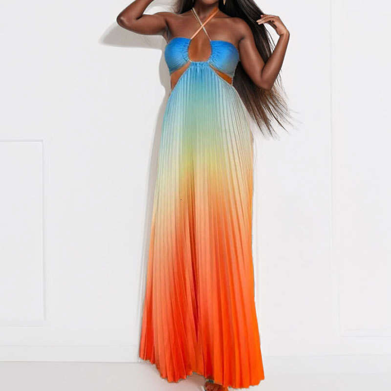 Women's Clothing 2025 New Summer Gradient Color Hanging Neck Pleated Fashionable Long Skirt Beach Vacation Dress KLMY