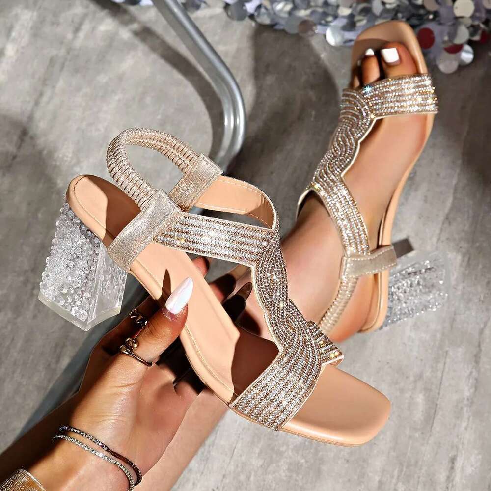 Sandals Summer Rhie Women Square Toe Buckle Strap Shoes 7CM Clear PVC Transparent High Heels Lady Party Dress Sandalias