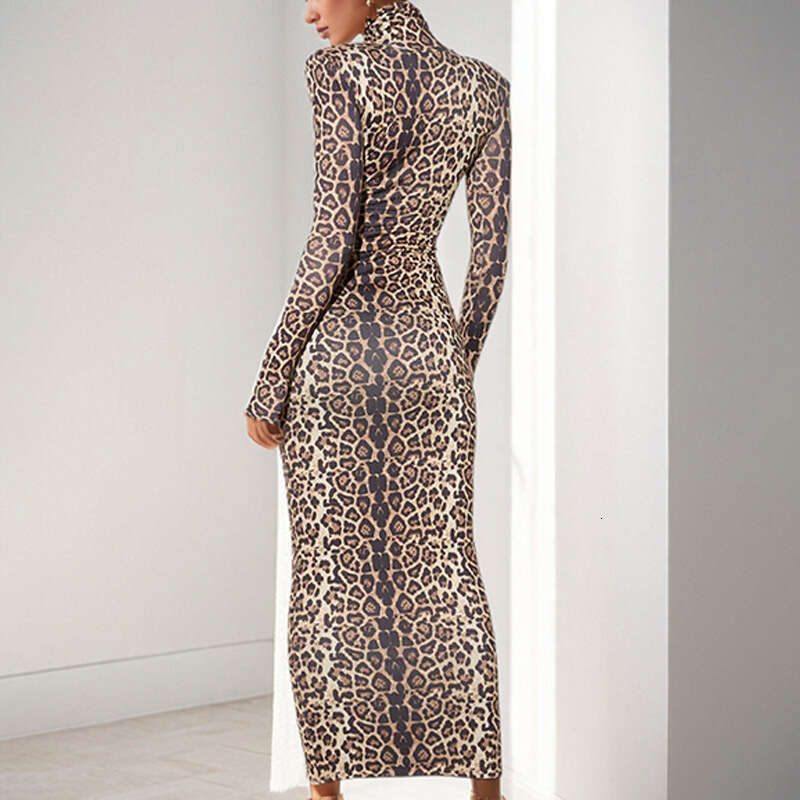 2025 Spring New Women's Clothing Style Slimming Bag Hip Print Leopard Pattern Round Neck Long Sleeve Dress For Women KLMY