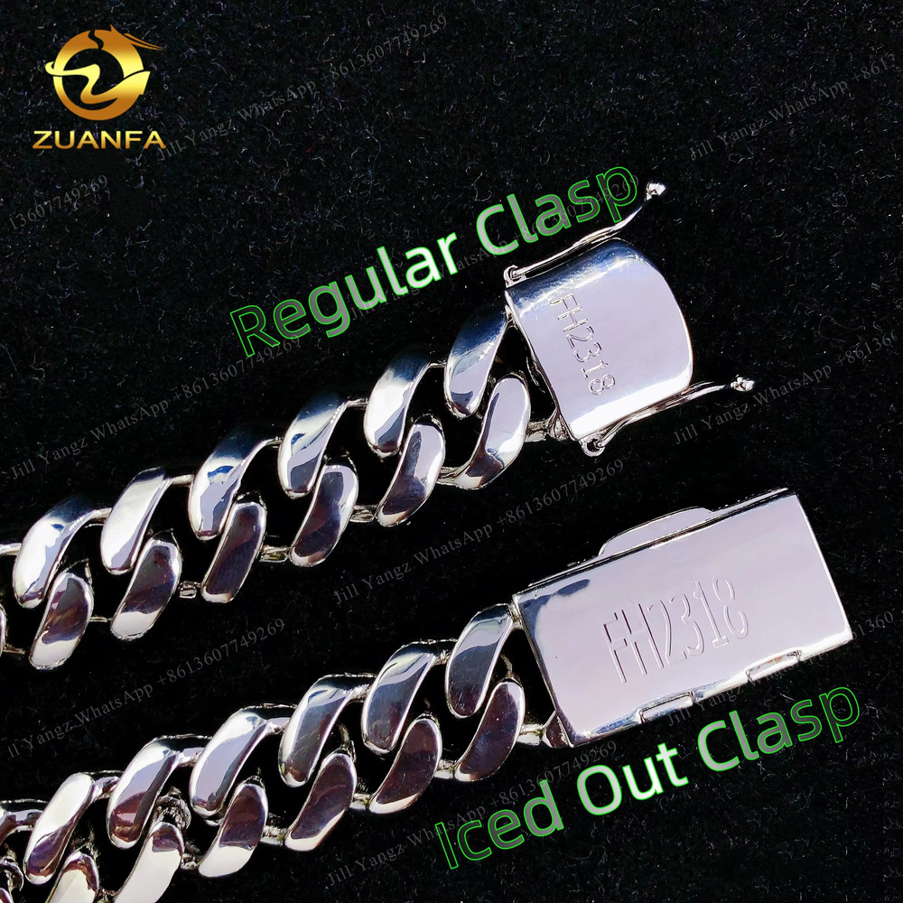 ZuanFa Jewelry Plain Cuban Chain VVS Moissanite Iced Out Box Cuban Link Chain Rapper Hip Hop Necklace Rock