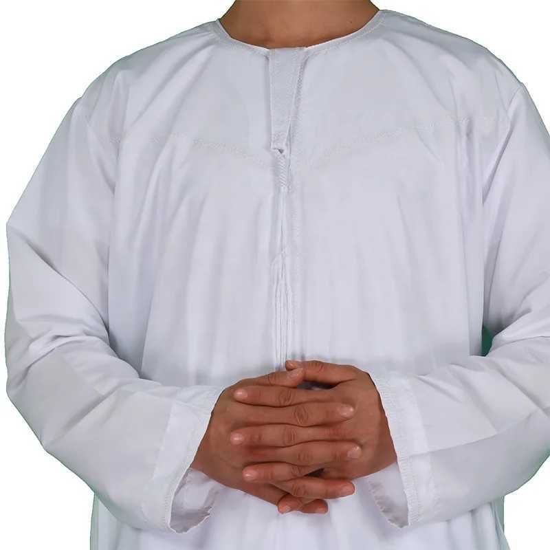 Islam Qamis Man Morocco Thobes for Muslim Men Clothing Arabic Djellaba White O Neck Long Sleeve Shirt Prayer Dress Saudi CaftanXJ250310