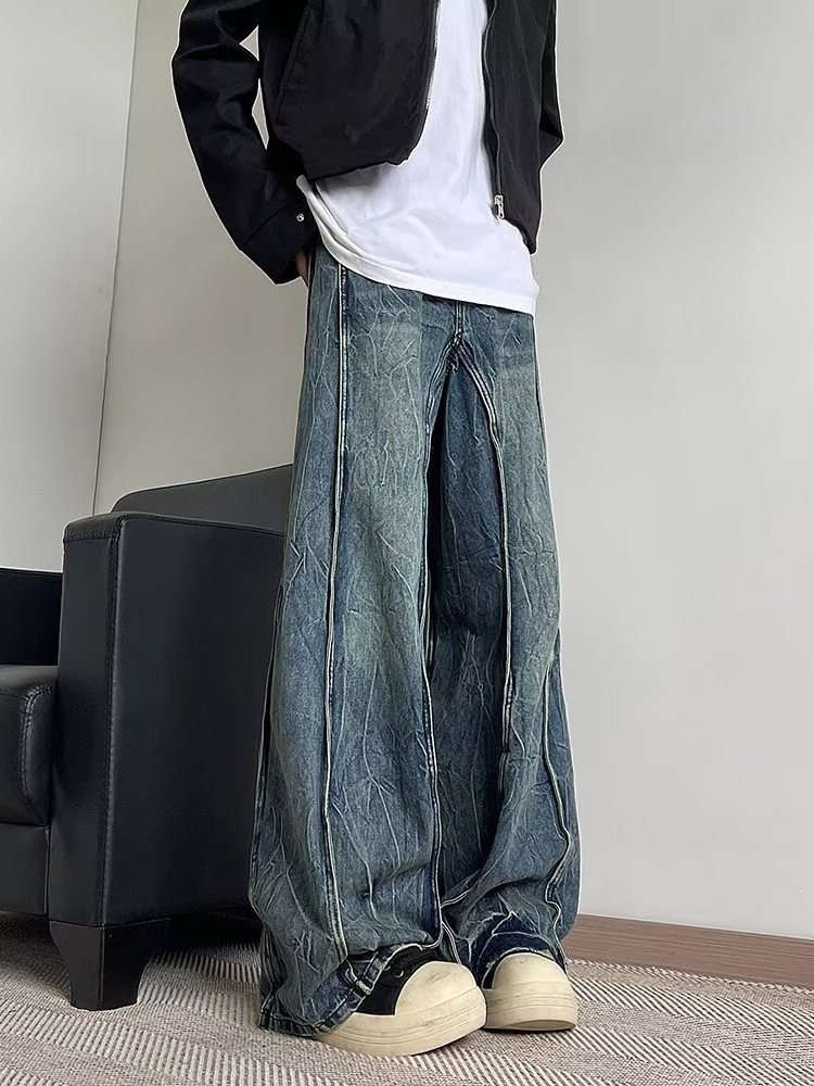 American High Street Straight Tube Lightning Pattern Jeans Wash And Splice Design Multifunctional Fashion Designer Original High quality Men s Pants C