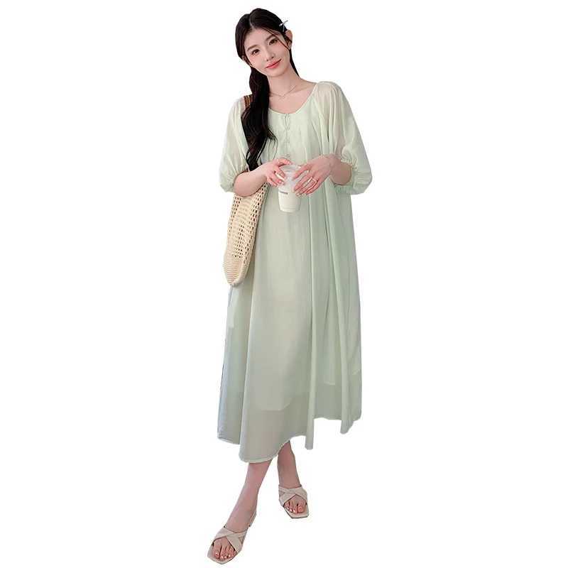 French Style Lantern Sleeves Pregnant Women Dress Button Fly Plus Size Maternity Beach Dress Long Loose Pregnancy Holiday DressT250311