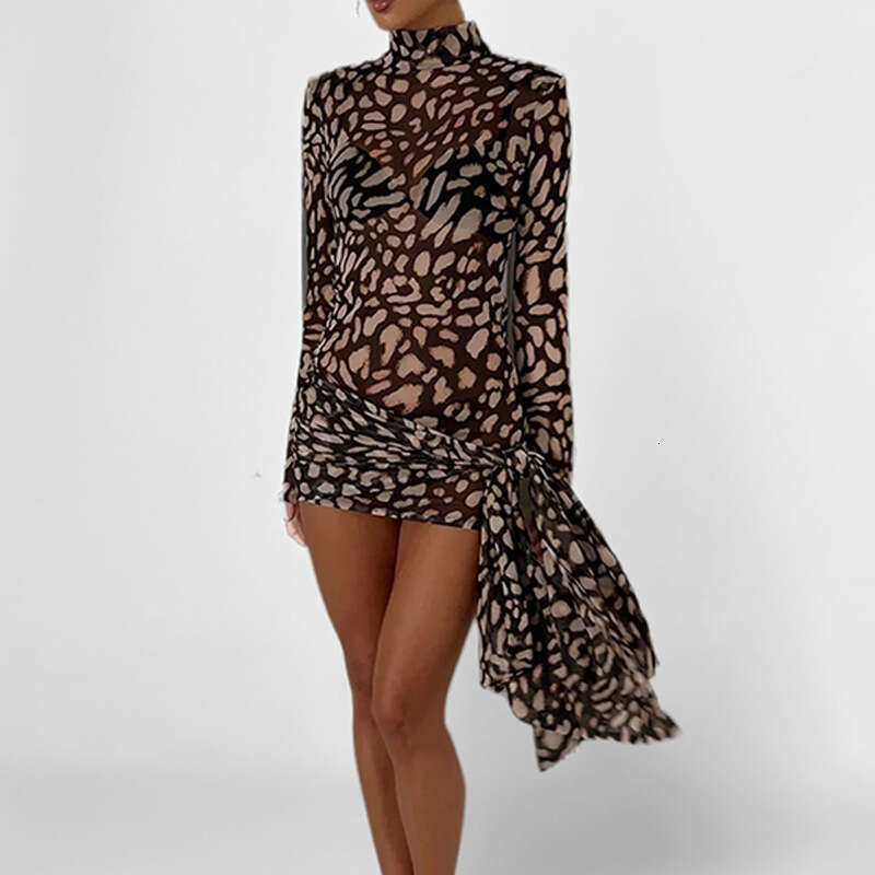 2025 Spring New Women's Sexy Hot Girl Leopard Print Strap Long Sleeve Dress KLMY