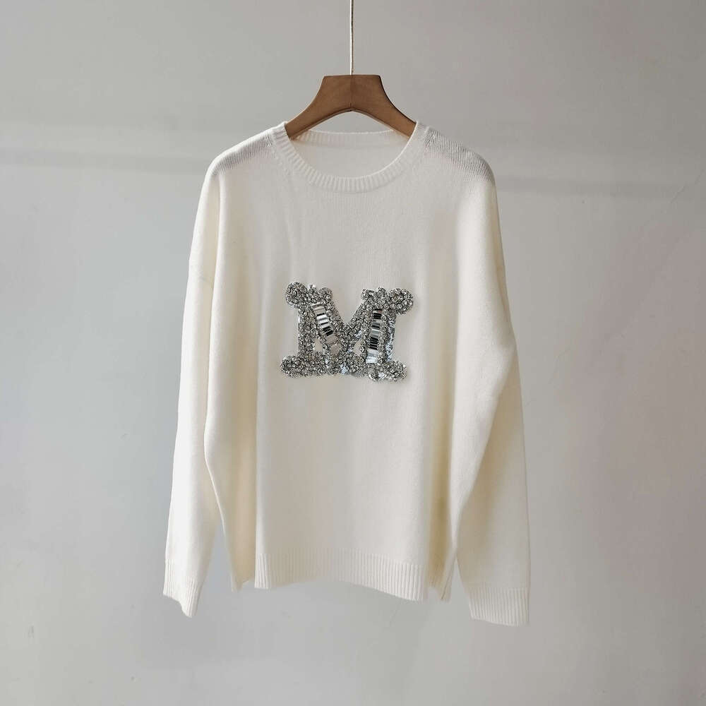 24 Year Autumn And Winter Handmade Embroidery Nail Bead Large M Letter Cashmere Women's Round Neck Long Sleeved Knitted Pullover Sweater