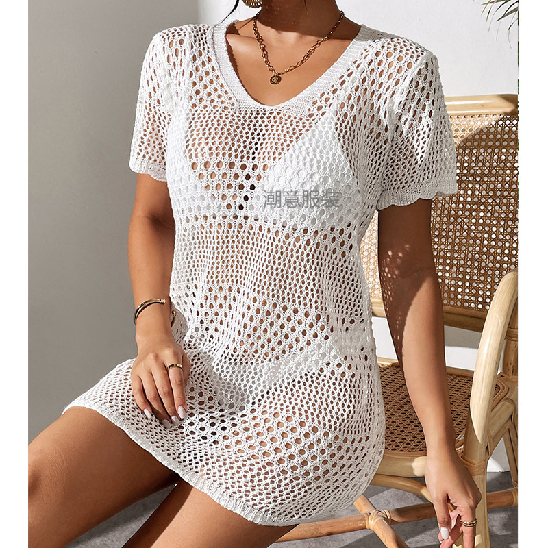 New Women's Sexy Hollow Short Sleeved Casual Bikini With Swimsuit Cover, Beach Sun Protection Shirt