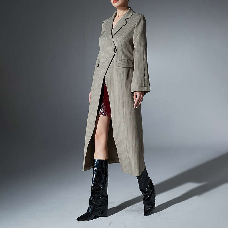 Street Trendy 2025 Spring New Style Suit Collar Sleeve Personalized Stripe Printed Long Windcoat Coat